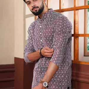 LookMark Men’s Printed Silk Blend Kurta with Mandarin Collar, Full Sleeves, Straight Fit Traditional Ethnic Wear