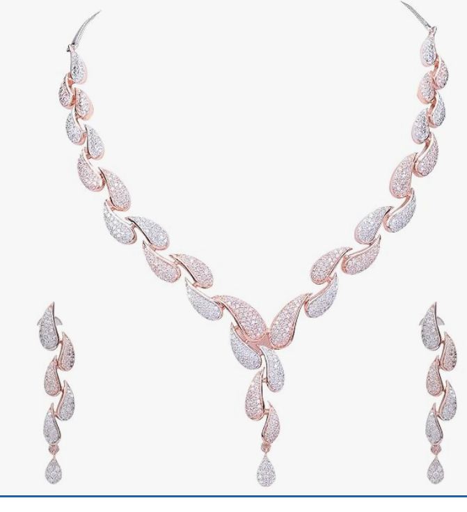 Ratnavali Jewels American Diamond CZ Rose Gold Plated Designer Jewellery Set/Necklace Set with Chain & Earring for Girls/Women (RV3382RG)