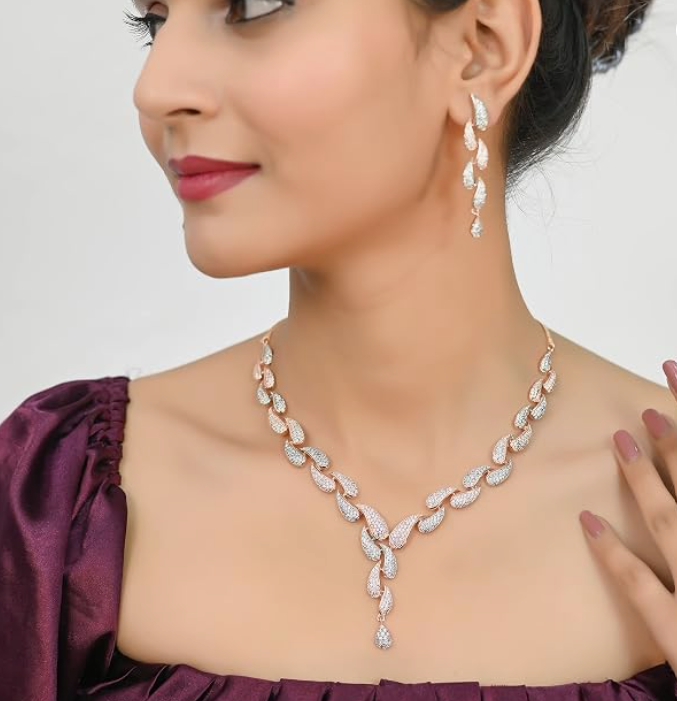 Ratnavali Jewels American Diamond CZ Rose Gold Plated Designer Jewellery Set/Necklace Set with Chain & Earring for Girls/Women (RV3382RG) - Image 3