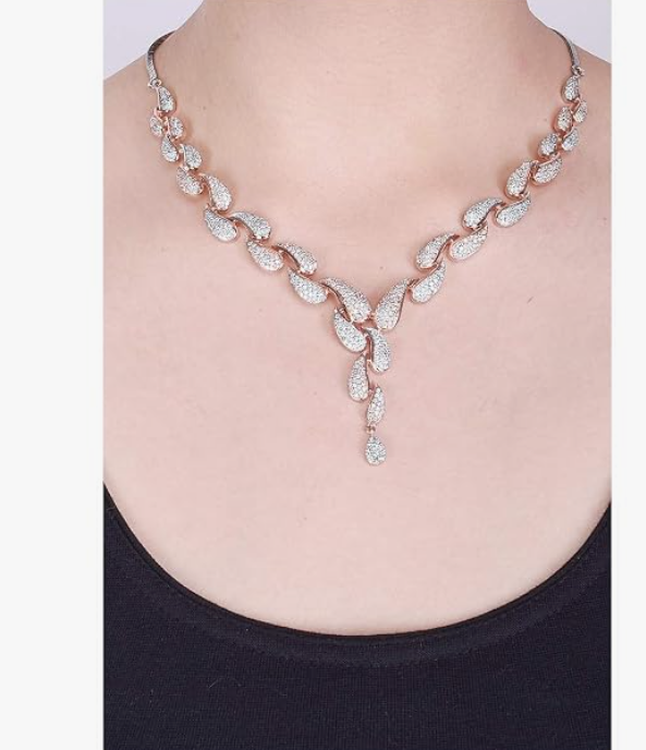 Ratnavali Jewels American Diamond CZ Rose Gold Plated Designer Jewellery Set/Necklace Set with Chain & Earring for Girls/Women (RV3382RG) - Image 2