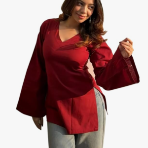 ANNI Designer Short Kurti for Women Latest Solid Design | V Neck Full Sleeve Kurti Tops for Women | Stylish Kurtis & Short Kurtis for Woman | Casual Kurti with Jeans | Kurtas for Woman